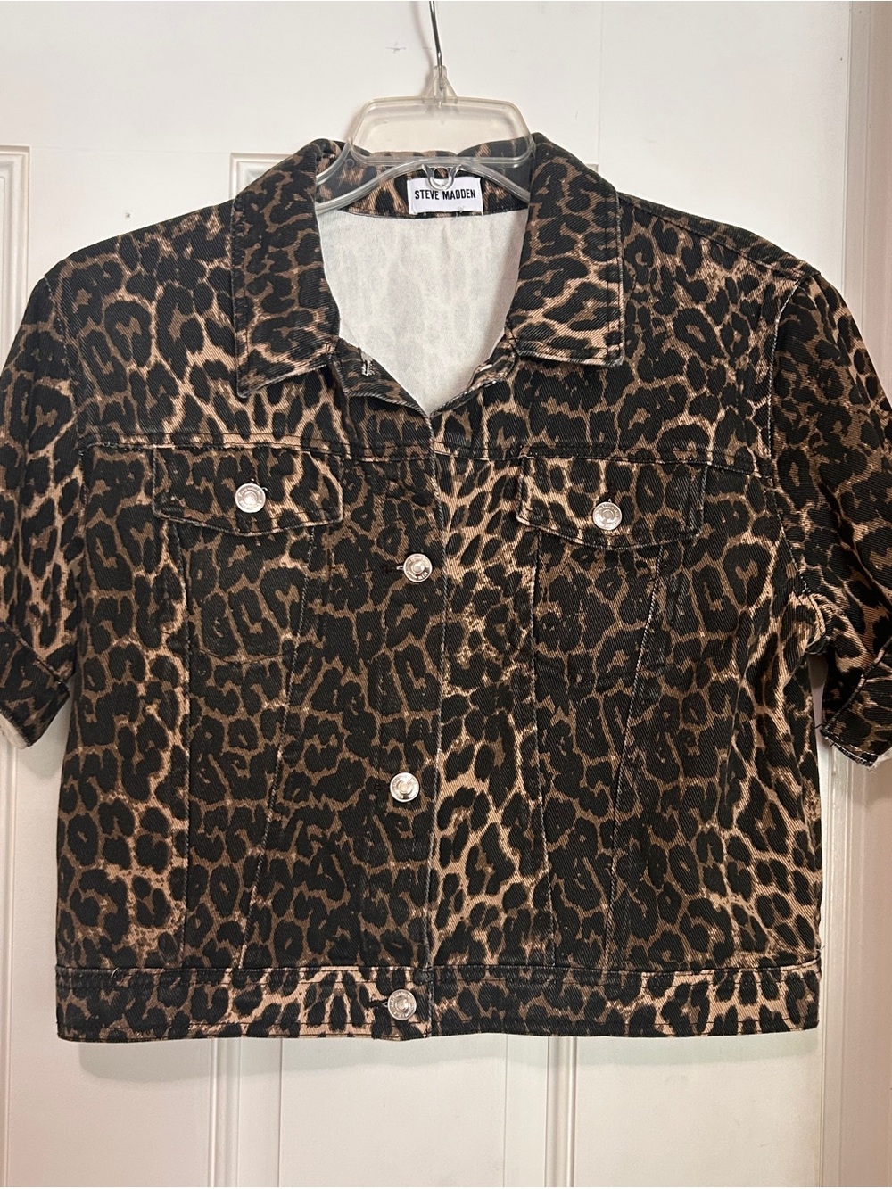 Steve Madden Short Sleeve Leopard Animal Print Moto Crop Denim Jacket - Large